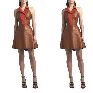 Patchwork Leather Halter Fit-and-Flare Mini Dress